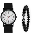 Montre minimaliste avec bracelet nylon noir et ensemble de bracelet haltère en lave - Cadran Blanc Bracelet Noir + Bracelet
