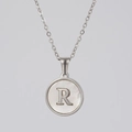 Silver stainless steel necklace featuring a round white shell pendant with a capital letter R - Silver White Shell Letter R