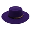 Purple flat-top felt boater hat with a black leather band and woven accent detail - Purple