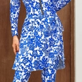Women's long sleeve zipper surfing swimsuit set with blue and white sea turtle print - One Size / Mini Skirt / Blue Tropical Print