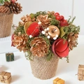 Christmas table decoration with golden pinecones and red berries in a burlap pot - Gold Cone Red Wood Roll / 18*18*18cm