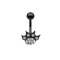 Close-up of black metal belly ring featuring a cat paw design with clear zircon stones - Black Cat Paw