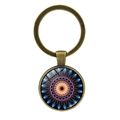Bronze keychain with mandala flower glass cabochon pendant in vibrant geometric pattern - Style 6 / Antique Bronze