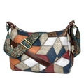 Multi-colored patchwork leather crossbody bag with patterned woven shoulder strap - Blue Patchwork