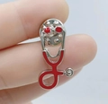 Cartoon stethoscope brooch with red enamel finish and silver-tone metal pin for nurses - Big Red with Silver Base