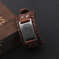 Men's vintage brown leather bracelet with silver Viking Vegvisir compass charm - Brown Cowhide Silver Accessories-Vegvisir