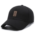 Classic black textured fabric baseball cap with a vintage leather sport patch on front - Adjustable / Black