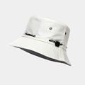 Detail of white outdoor bucket hat with adjustable black SPORT drawstring and metal eyelets - M (56-58cm) / White