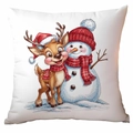 Festive watercolor Christmas pillow case featuring a cute reindeer and snowman on white background - Reindeer and Snowman