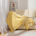 Handmade chunky knit throw blanket in yellow and cream stripes with decorative fringe - 130*170CM (with tassels) 750g / Turmeric