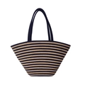 Borsa a spalla vintage a righe in corda di cotone intrecciata beige e blu notte - Grande / Nero/Khaki