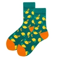 Deep green cotton socks with vibrant lemon patterns and orange heel and toe accents - Dark Green Lemon