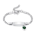 Silver stainless steel chain bracelet with engravable bar and green birthstone pendant - May-Steel-16cm