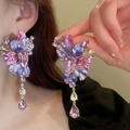 Elegant purple flower drop earrings with crystals and bowknot tassels for women - Purple Flower (6# Silver Pin)