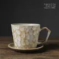 Retro ceramic coffee cup set in cream beige glaze with unique hammer texture and handle - Knife-cut Textured Coffee Cup And Saucer - Plain White 350ml / Universal