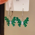 Silver drop earrings with double-layered green butterfly charms and zircon pavé hoops - Style 61# Silver Earring Post-Silver-Green