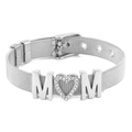 Silver mesh belt bracelet with MOM letters and sparkling heart charm, adjustable size - Silver