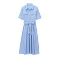 Detail of light blue short sleeve shirt dress with button collar and chest pockets - XS / Sky Blue