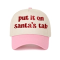 Detail of red embroidered text Put It on Santa's Tab on beige cotton baseball cap - Cream/Pink