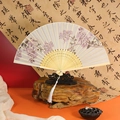 Chinese vintage folding fan with purple wisteria pattern and white tassel charm - Slender Grace B (Bamboo)