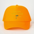 Detailed view of Malibu Sports Club embroidery and mesh texture on orange trucker hat - One Size / Orange
