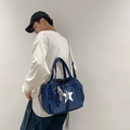 Dark blue waterproof drawstring crossbody bag with white star pattern and checkerboard charm - Blue With Knot