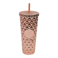 Rose gold reusable studded tumbler with matching straw and lid in 3D diamond texture - Electroplated Champagne