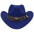 Blue felt cowboy hat with ethnic beaded band, turquoise stone, and fringe details - M (56-58cm) / Sapphire Blue