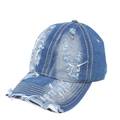 Détails de la casquette de baseball en jean vieilli avec bords usés et trous vintage - Bleu clair / Réglable