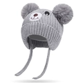 Gray baby knit hat with bear embroidery, double fur pom poms and ear flaps for warmth - One Size / Gray