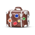 Detailed macro view of vintage suitcase charm with colorful enamel stickers and silver edges - Travel Vacation - Vintage Luggage Safety Clip