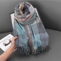 Soft faux cashmere scarf with blue and grey color block check patterns and tassels - 180*70cm / Dark Green
