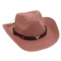 Macro detail of a pink straw cowboy hat featuring a silver bull head and gold studs - One Size / Dusty Pink