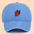 Washed blue cotton baseball cap featuring high-quality strawberry embroidery on the front - Adjustable / Light Blue