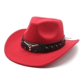 Detail of red wool cowboy hat featuring bull head metal ornament and golden studs belt - M (56-58cm) / Red