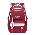Burgundy high-capacity school backpack with white text prints and star pendant accessory - Red