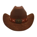 Cappello da cowboy marrone scamosciato con emblema a teschio di toro e finiture - Caffè