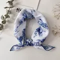 Elegant white and blue floral Toile de Jouy square cotton linen scarf for women - XY-40 White Blue Toile de Jouy