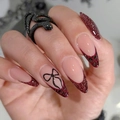 Long stiletto press-on nails with burgundy glitter French tips and black bow leopard accents - Bz2051 Yunfa Fengyan / Jelly Glue + Nail File