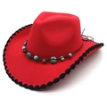 Ethnic style red fedora hat with turquoise bead band and black wavy stitched brim edges - M (56-58cm) / Red