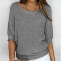 Close-up of fine grey knit texture and round neckline on a women's short sleeve top - 3XL / Crew Neck / Gray