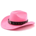 Detailed view of pink suede cowboy hat with vintage bull head buckle and star studs - M (56-58cm) / Magenta