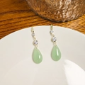 Light green teardrop jade earrings with gold metal and clear cubic zirconia stones - E6096-1/Gold Zirconia Green Drop
