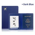 Navy blue leather passport holder featuring a golden airplane icon and ID card window - Dark Blue