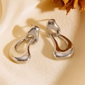 Minimalist silver irregular double loop stainless steel earrings with fluid metallic texture - Silver