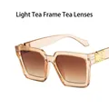 Square fashion sunglasses with light tea frames and gold metal accents on side - Light Tea Frame Tea Lens
