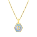 Macro shot of 18K gold hexagonal pendant with blue shell inlay and letter D engraving - Blue Shell D