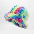 Detailed view of the fluffy rainbow faux fur texture and vibrant colorful gradient material - One Size / Color 1