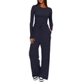 Detailed close-up of navy blue ribbed loungewear set with drawstring waist and wide legs - S / Navy Blue