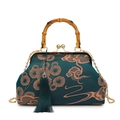 Vintage dark green embroidery handbag with bamboo handle and gold chain strap - Green